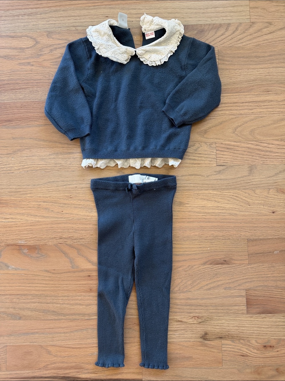 Zara Navy Knit Top and Leggings Set with Cream Lace Collar 2T